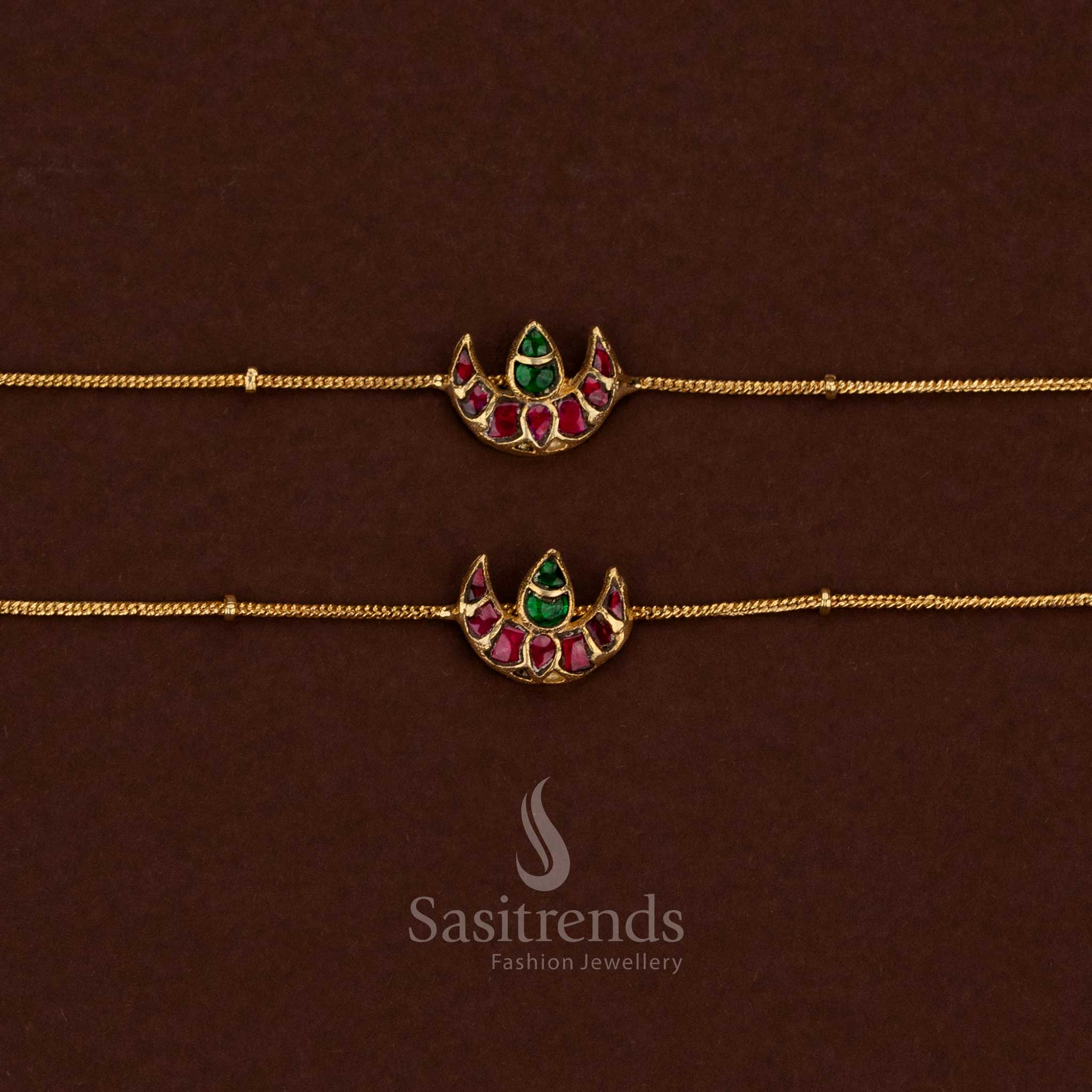 
Traditional crescent moon motif kundan stone anklet with elegant gold plating by Sasitrends
