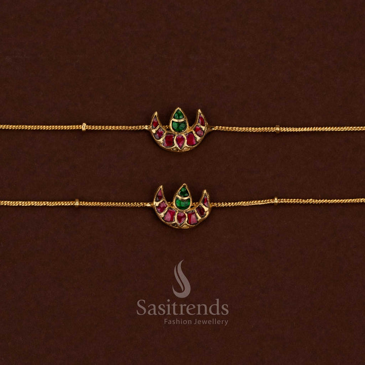 
Traditional crescent moon motif kundan stone anklet with elegant gold plating by Sasitrends
