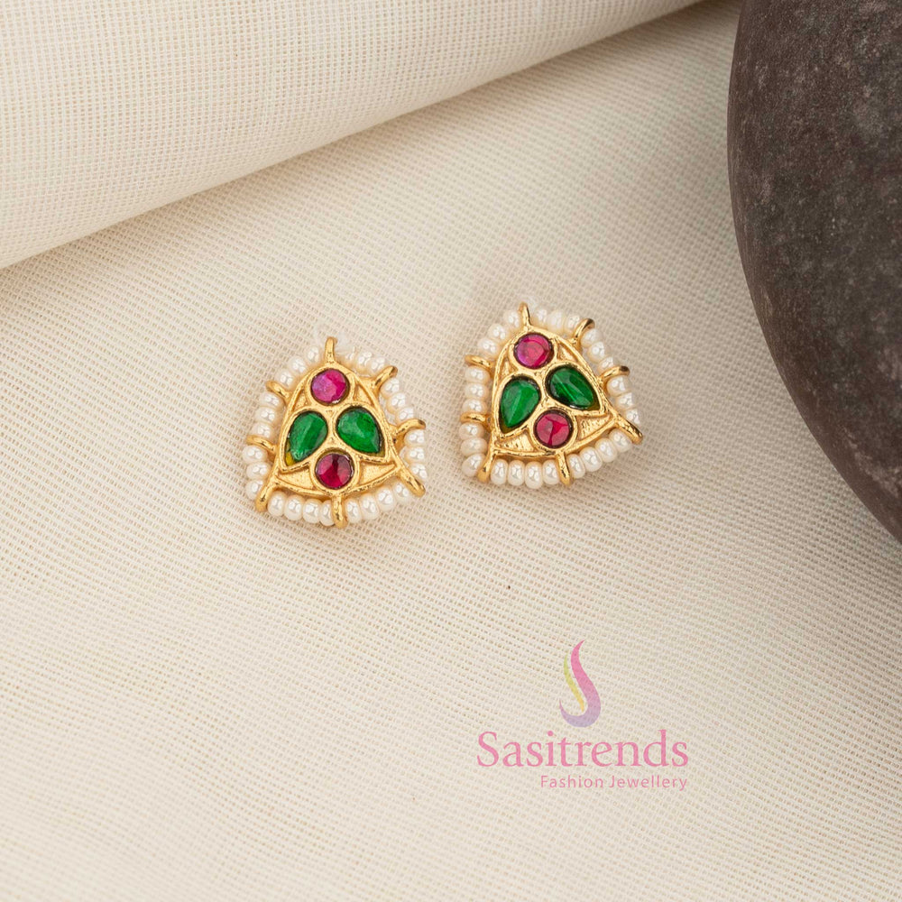 South Indian heritage 24K gold plated triangle stud earcuff earrings with pearl detailing - Sasitrends
