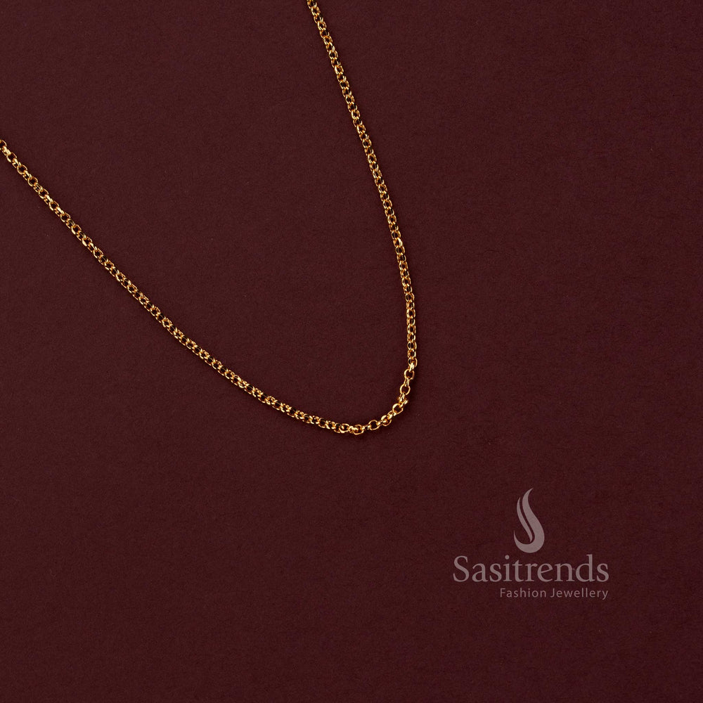 Elegant 24K micro gold plated necklace with a fine continuous chain construction, detailed interwoven oval link design and slim profile for everyday and office styling