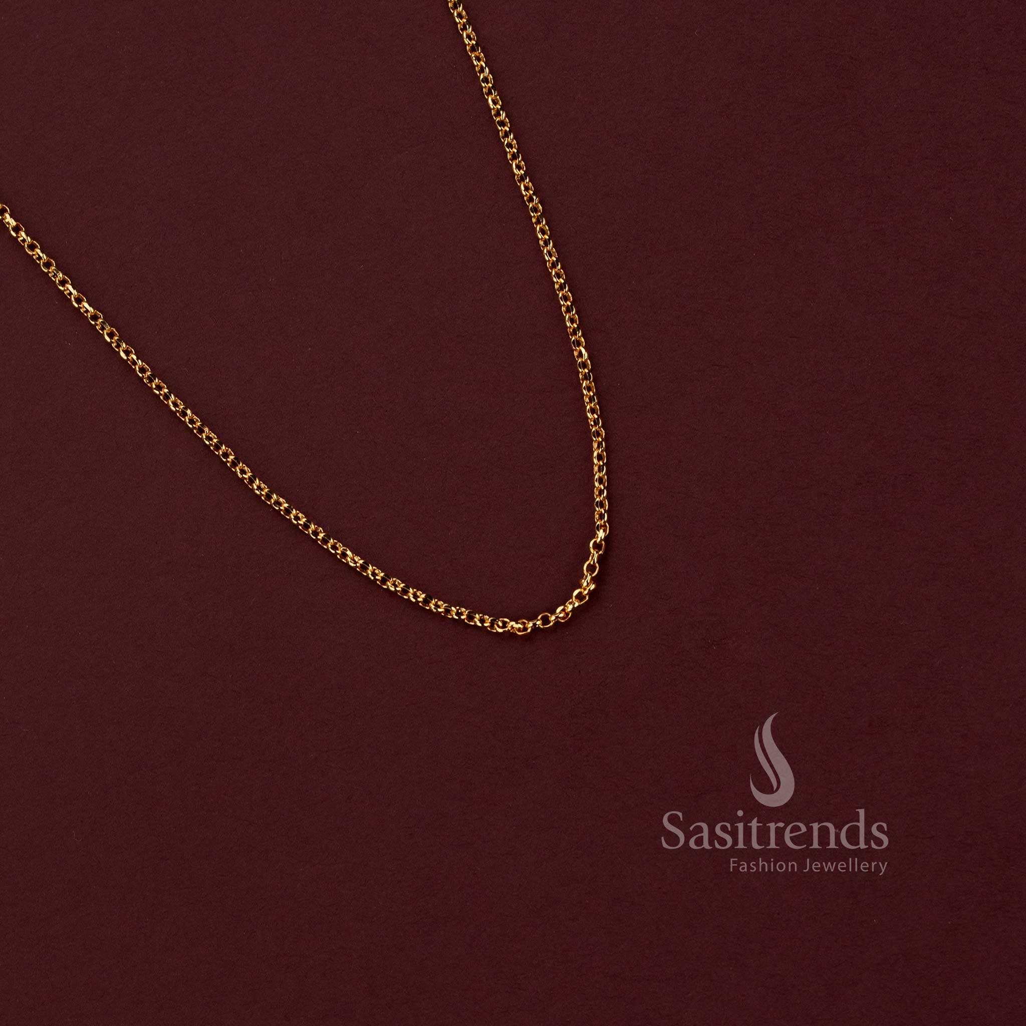 Elegant 24K micro gold plated necklace with a fine continuous chain construction, detailed interwoven oval link design and slim profile for everyday and office styling