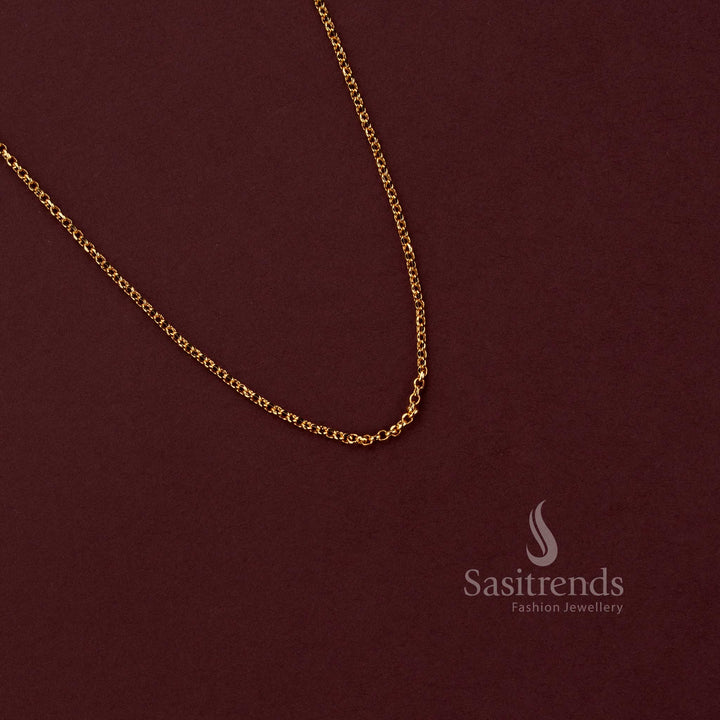 Elegant 24K micro gold plated necklace with a fine continuous chain construction, detailed interwoven oval link design and slim profile for everyday and office styling