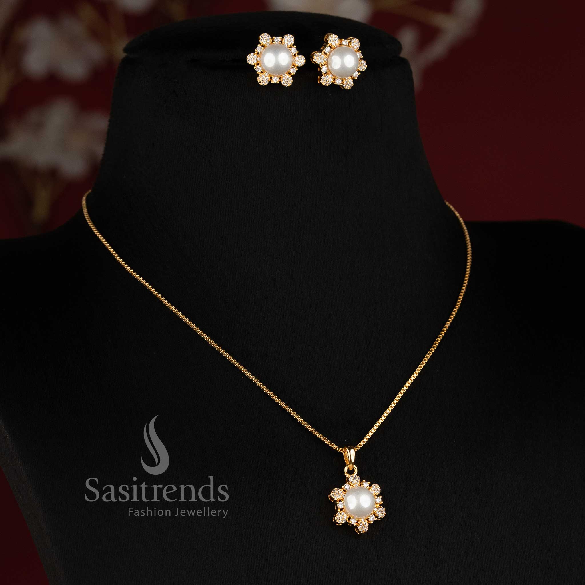 Micro Gold Plated American Diamond Crown Pendant Necklace Set for Women - Sasitrends