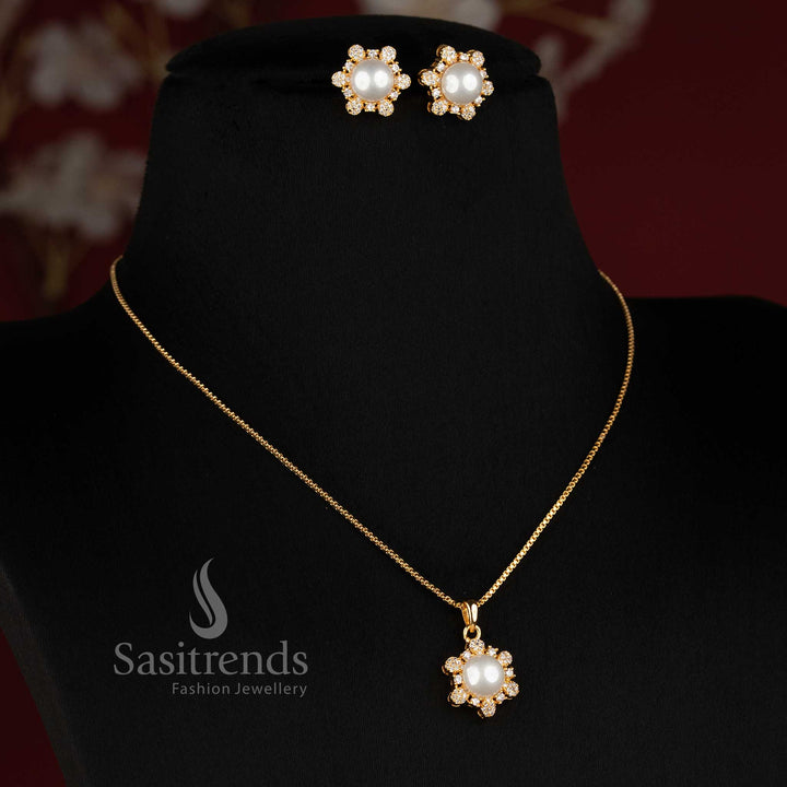 Micro Gold Plated American Diamond Crown Pendant Necklace Set for Women - Sasitrends