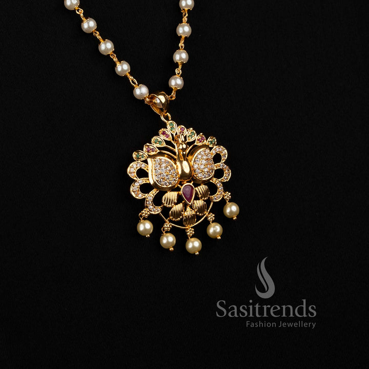 Beautiful 24K Micro Gold Plated Pearl Long Necklace with Floral Cluster Pendant and AD Stones for Weddings, Festive & Traditional Wear