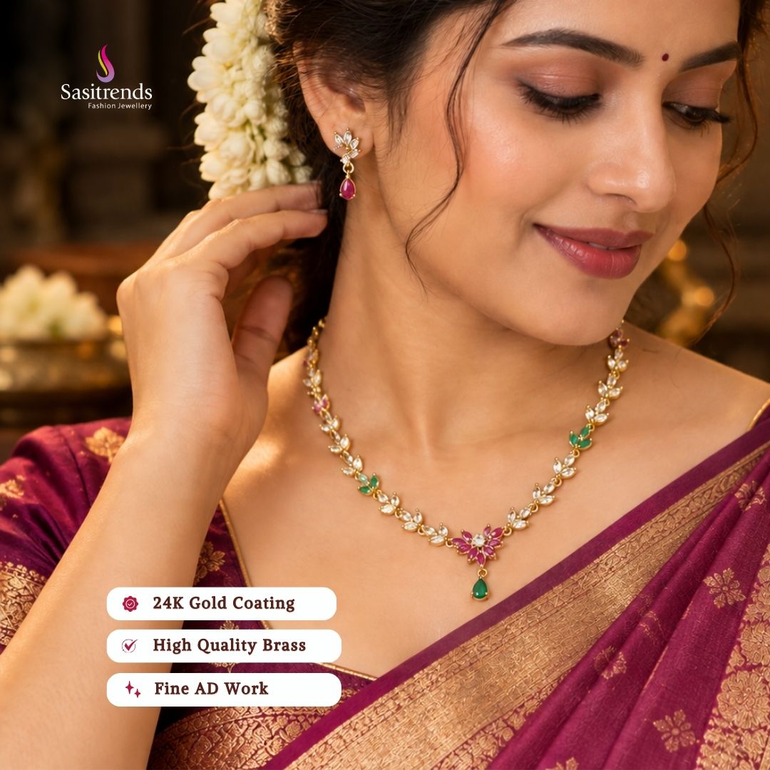 Party wear guaranteed 24k micro gold plated american diamond necklace set - Sasitrends