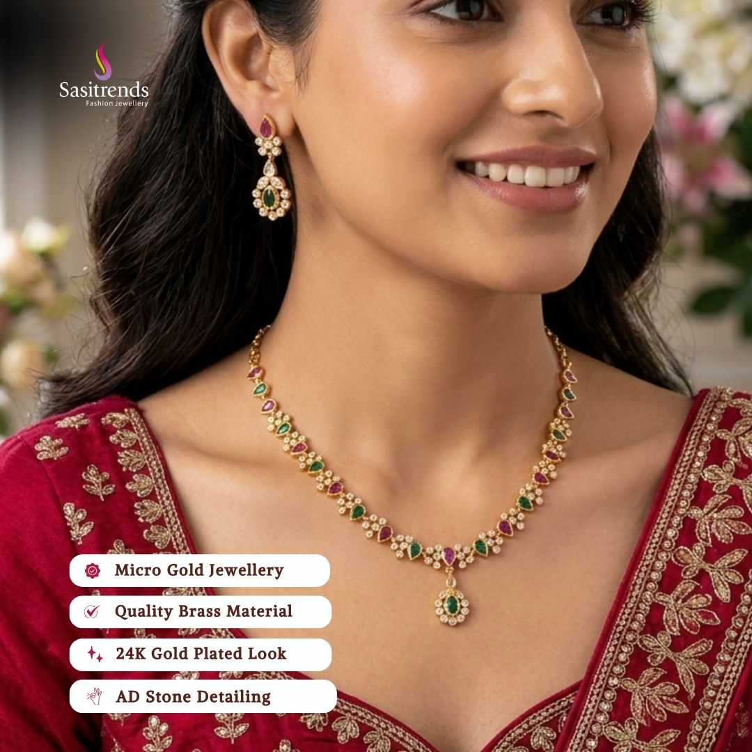 Party wear guaranteed 24k micro gold plated american diamond necklace set - Sasitrends