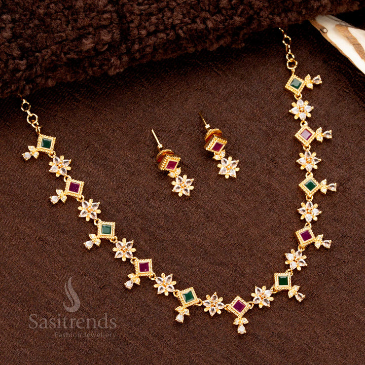 Stunning One Gram Micro Gold Plated Guaranteed AD Stone Necklace Jewellery Set - Sasitrends
