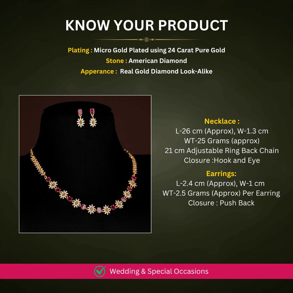 Party wear micro gold plated american diamond necklace set measurement image - Sasitrends     