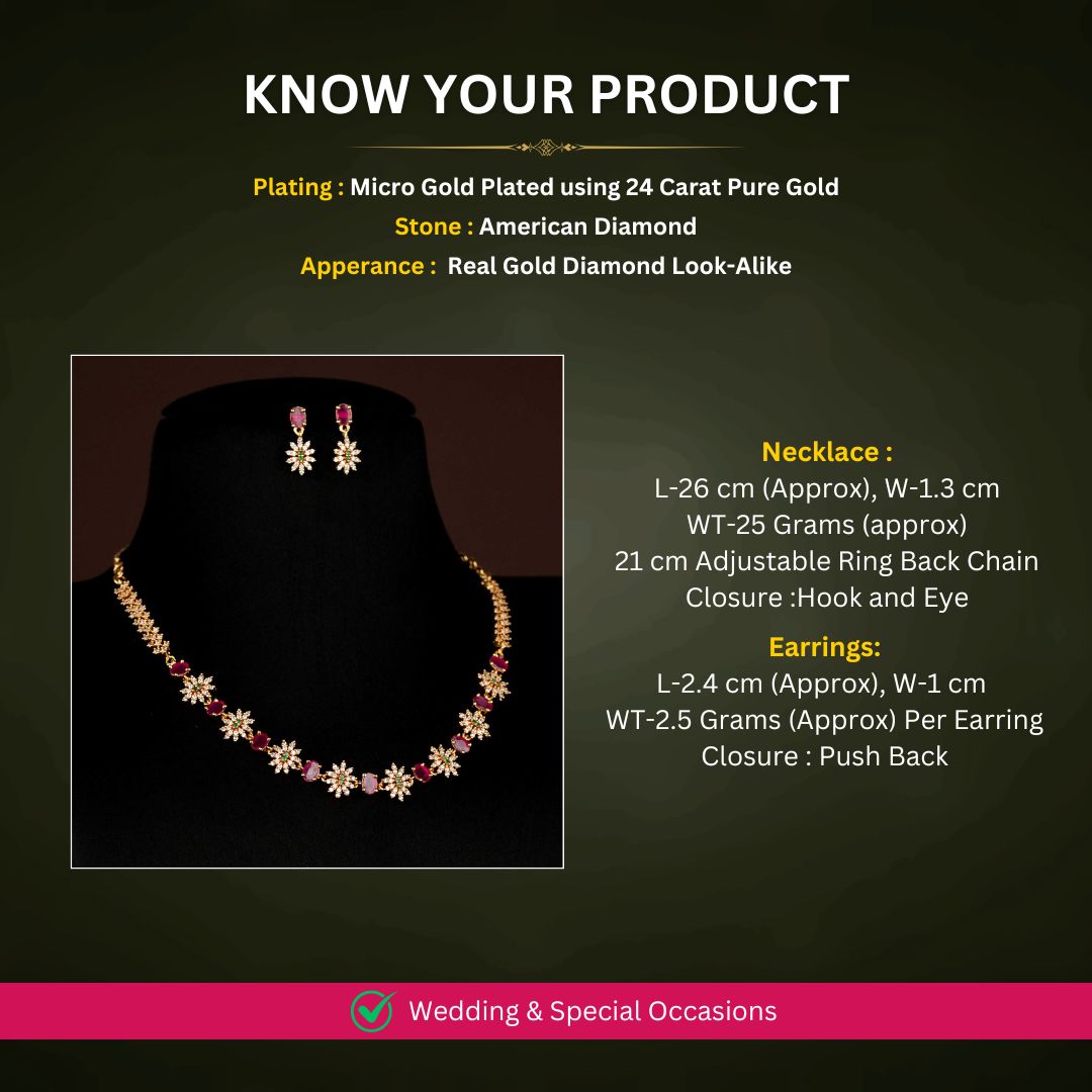 Party wear micro gold plated american diamond necklace set measurement image - Sasitrends     