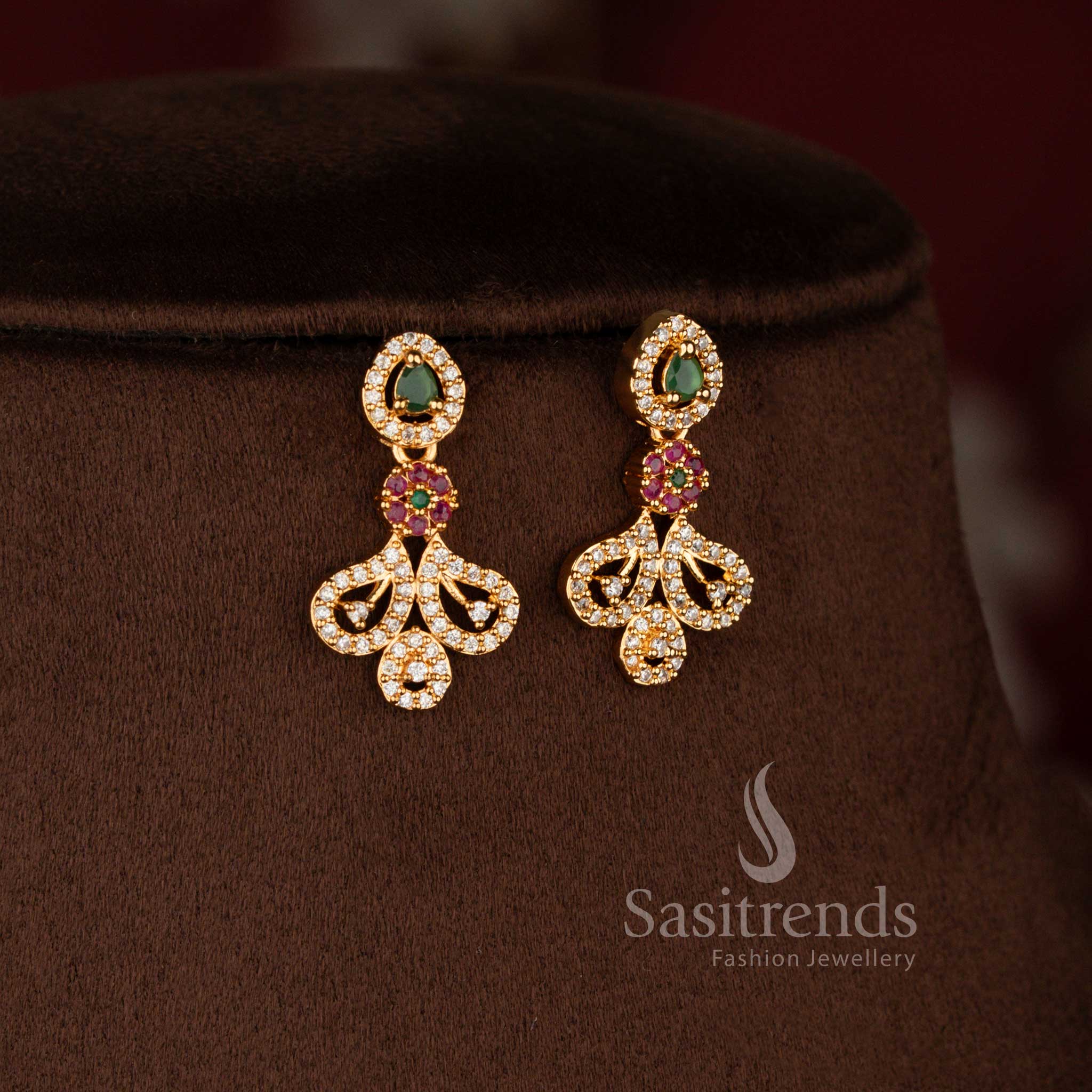 Beautiful American Diamond necklace and earrings set with intricate paisley-inspired detailing - Sasitrends