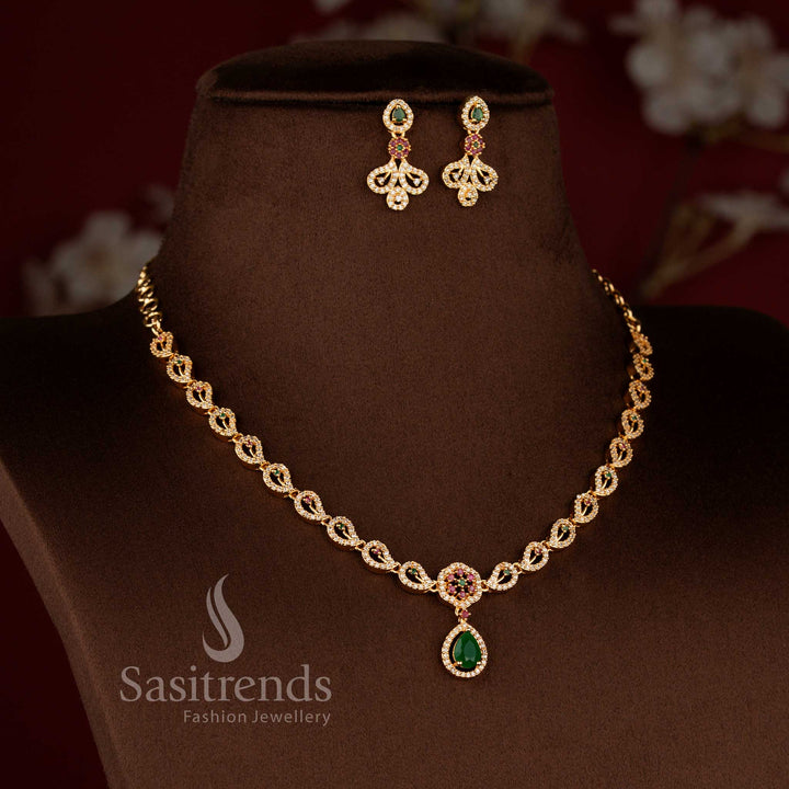 Stunning Micro Gold Plated Ornate Paisley Vine American Diamond Necklace Jewellery Sets for Festive Wear | Looks Like Real Gold - Sasitrends