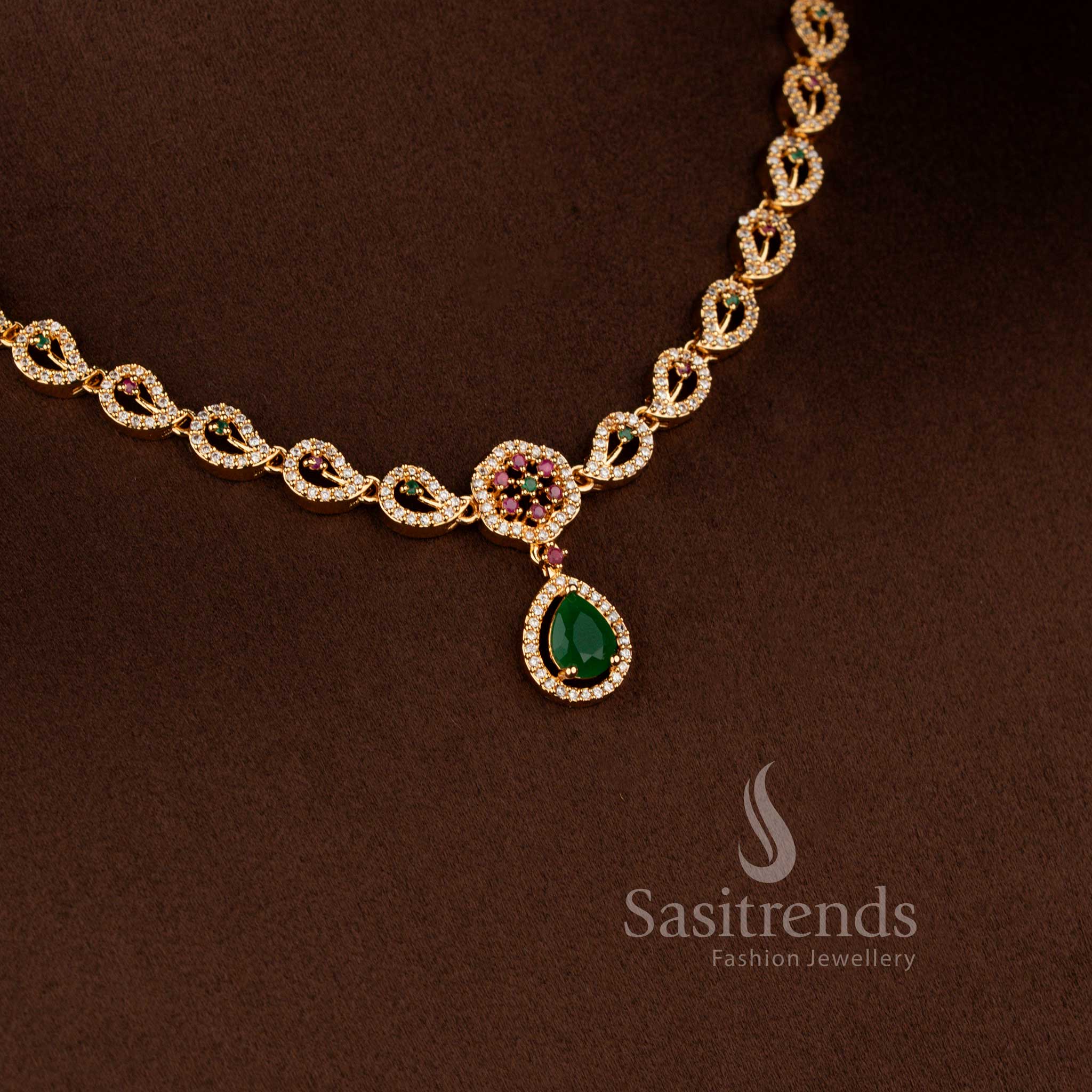Beautiful American Diamond necklace and earrings set with intricate paisley-inspired detailing - Sasitrends