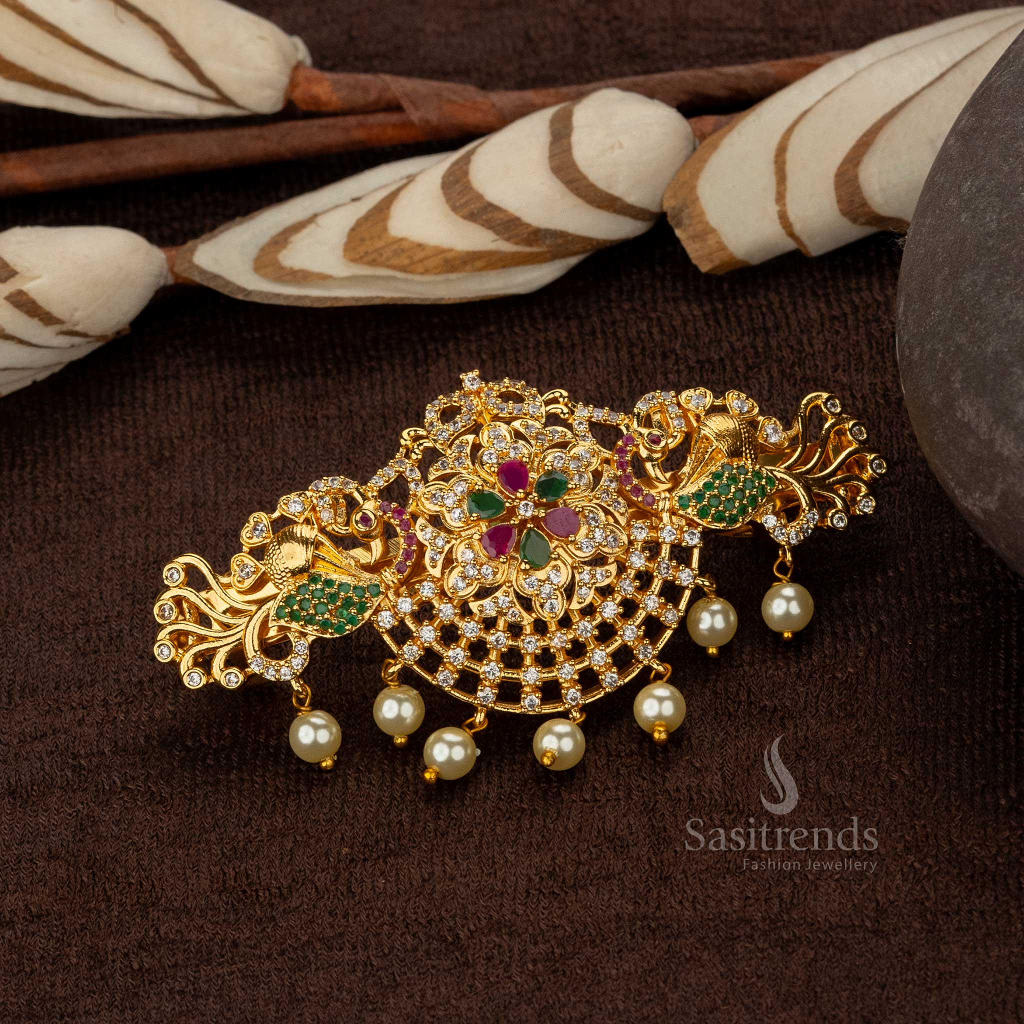 Multi coloured AD stone hair clip with floral and peacock designs  Sasitrends