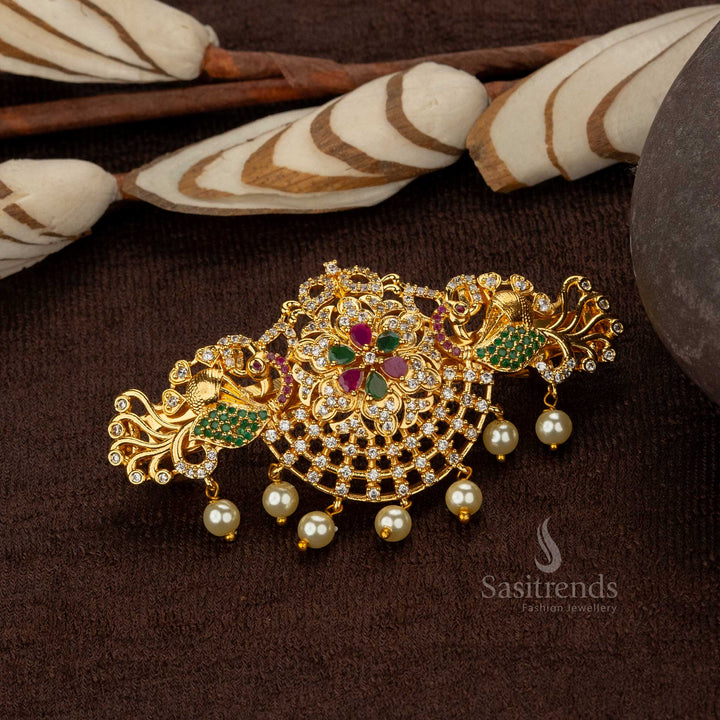 Multi coloured AD stone hair clip with floral and peacock designs  Sasitrends