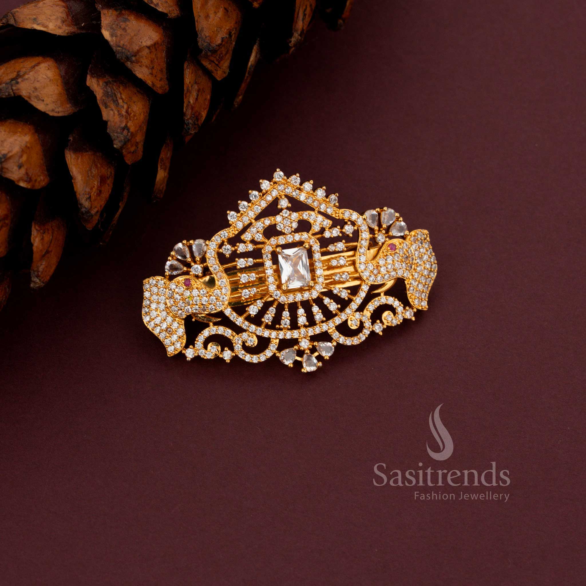 Elegant American Diamond Elephant Design Hair Clip featuring colourful stone embellishments for festive and party wear - Sasitrends