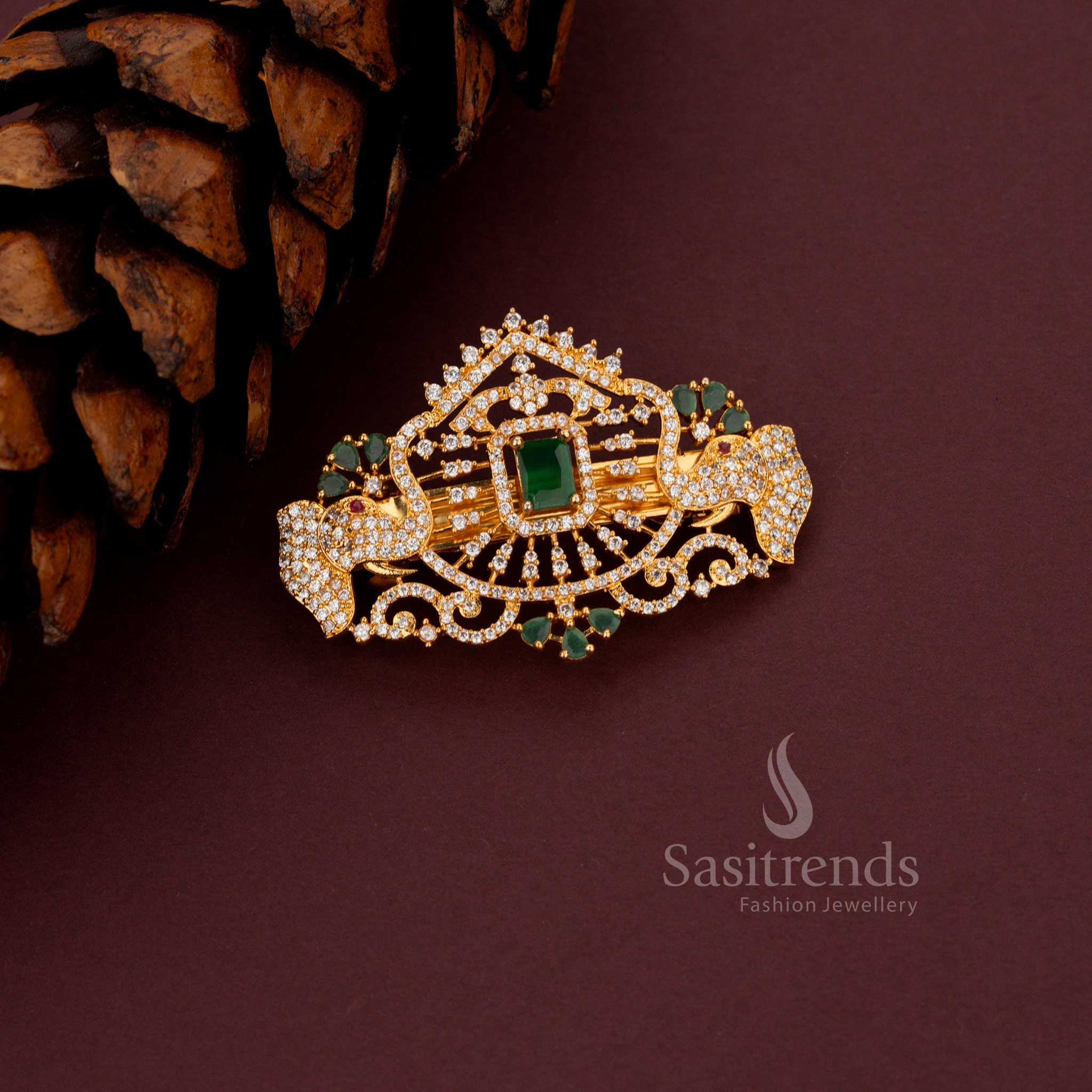Elegant American Diamond Elephant Design Hair Clip featuring colourful stone embellishments for festive and party wear - Sasitrends