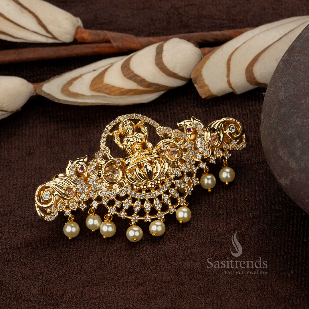 Elegant American Diamond Lakshmi Motif Matte Gold Plated Hair Clip with Pearls Sasitrends