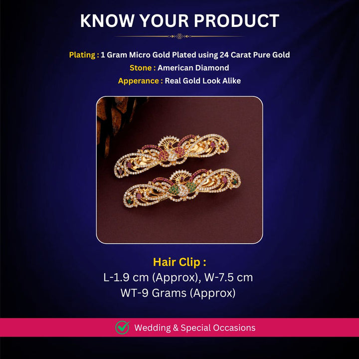 Attractive American Diamond gold plated peacock design hair clip adorned with sparkling white ruby stones from Sasitrends.