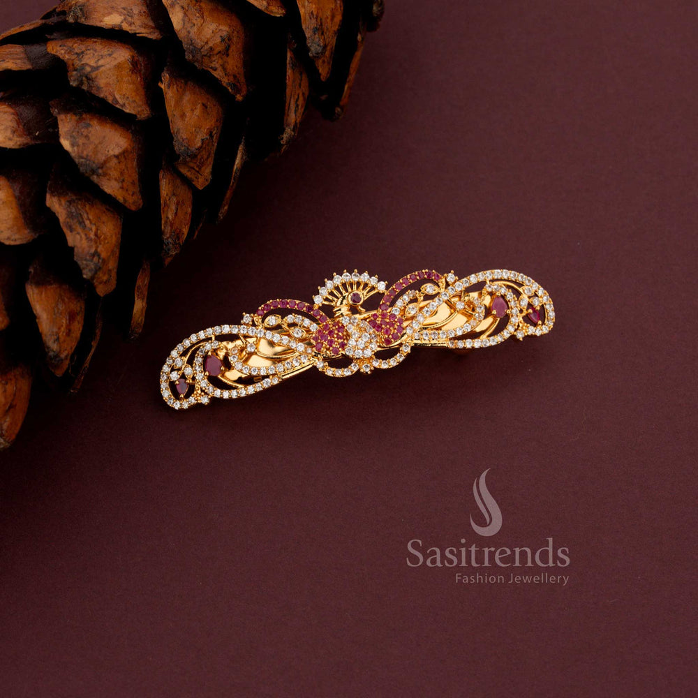 Attractive American Diamond gold plated peacock design hair clip adorned with sparkling white ruby stones from Sasitrends.