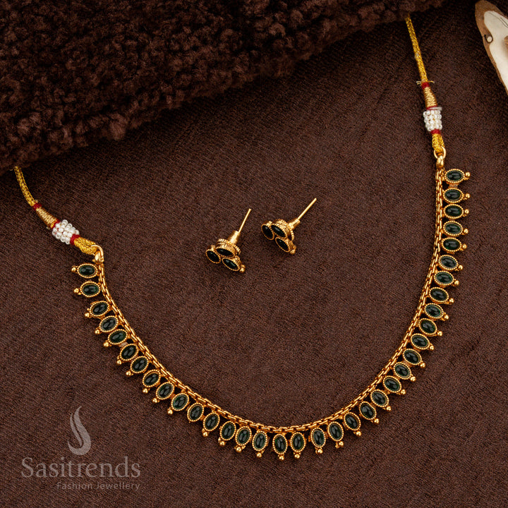 Exquisite jade green stone matte gold plated necklace jewellery set, crafted in an ornate royal design, perfect for festive and ethnic wear - Sasitrends