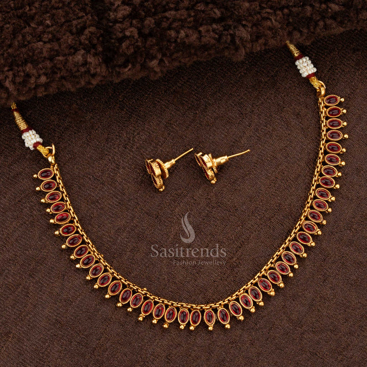 Majestic ruby stone matte gold plated necklace set, an exquisite traditional bridal jewellery piece, radiating timeless beauty and sophistication - Sasitrends
