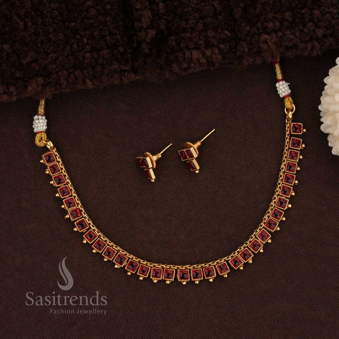 Intricate Matte Gold Temple Necklace Set with Square Ruby Stone Design - Sasitrends