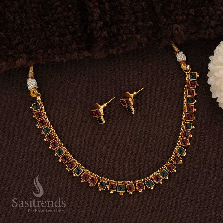 Intricate Matte Gold Temple Necklace Set with Square Ruby Green Stone Design - Sasitrends