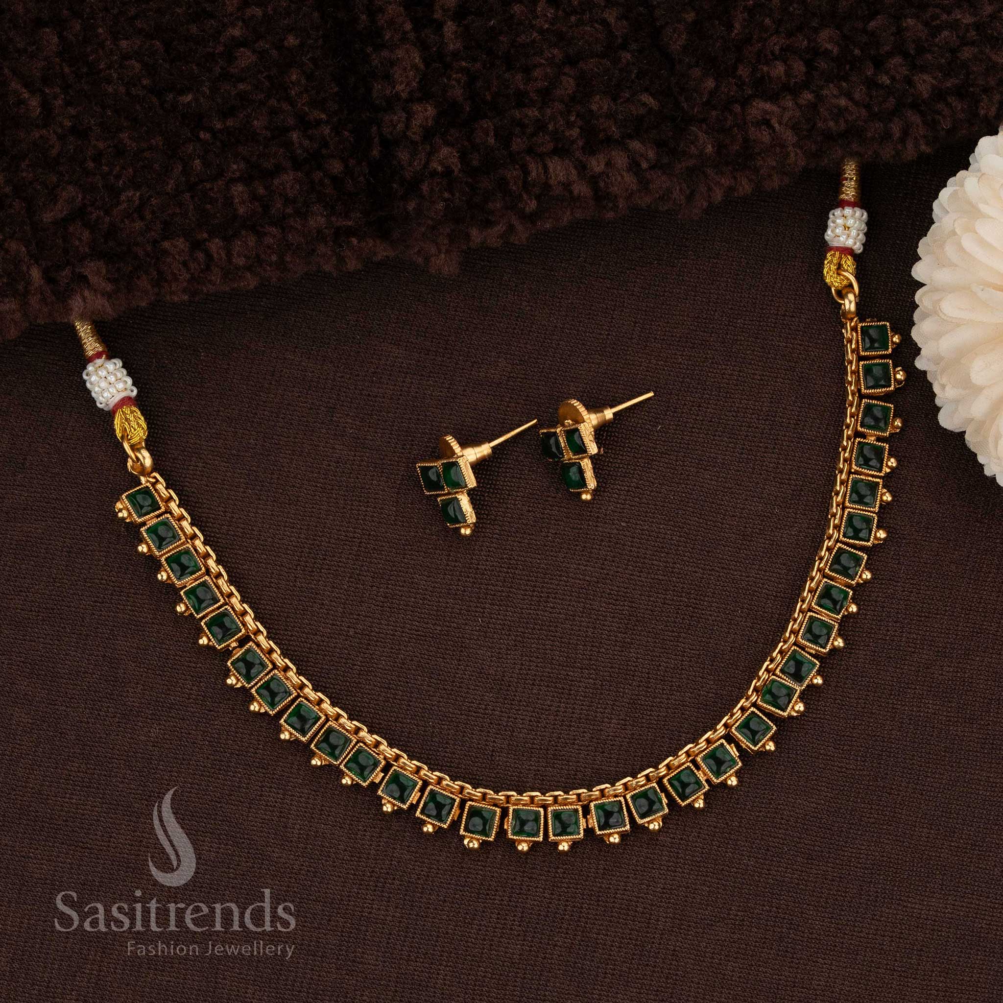 Intricate Matte Gold Temple Necklace Set with Square Green Stone Design - Sasitrends