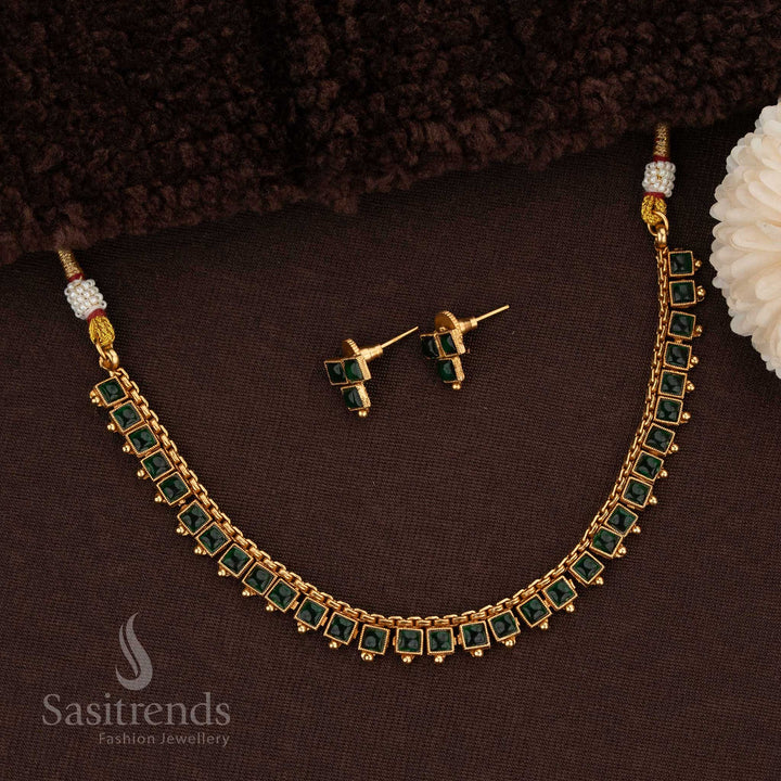 Intricate Matte Gold Temple Necklace Set with Square Green Stone Design - Sasitrends