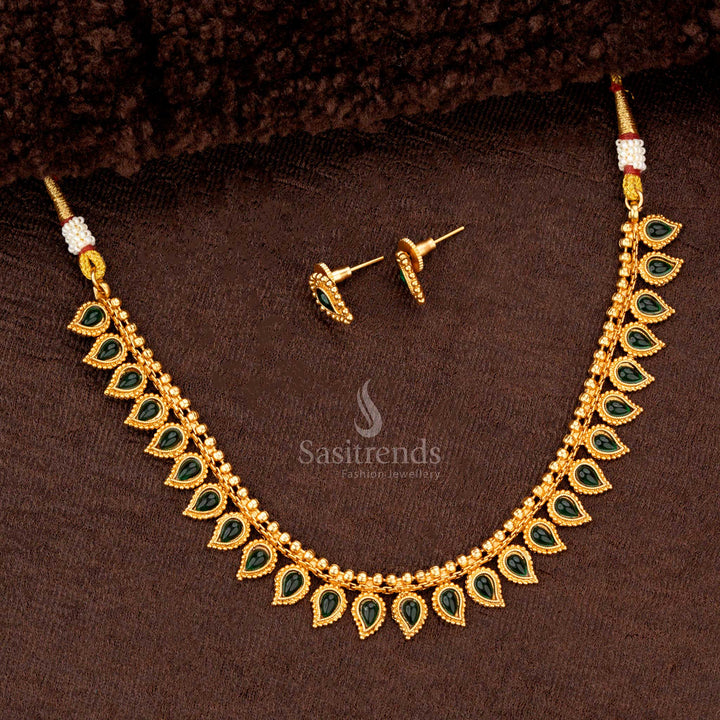 Timeless green teardrop design necklace and earrings set, suitable for festive and wedding wear - Sasitrends