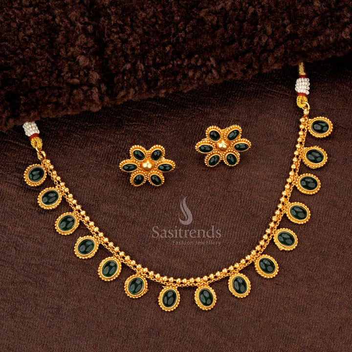 Green oval motif necklace set in matte gold plating with matching floral earrings - Sasitrends