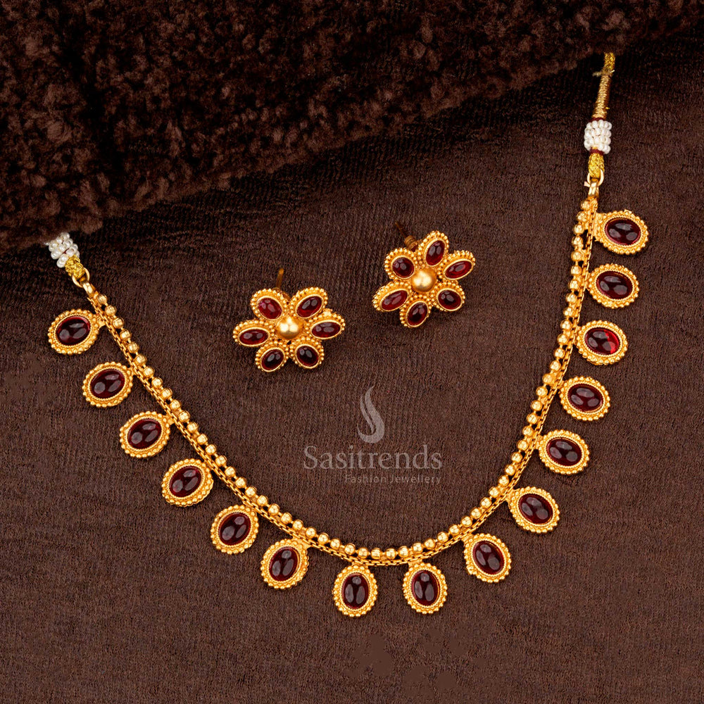 Ruby oval motif necklace set  in matte gold plating with matching floral earrings - Sasitrends