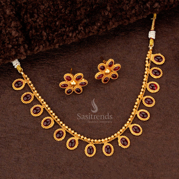 Ruby oval motif necklace set  in matte gold plating with matching floral earrings - Sasitrends