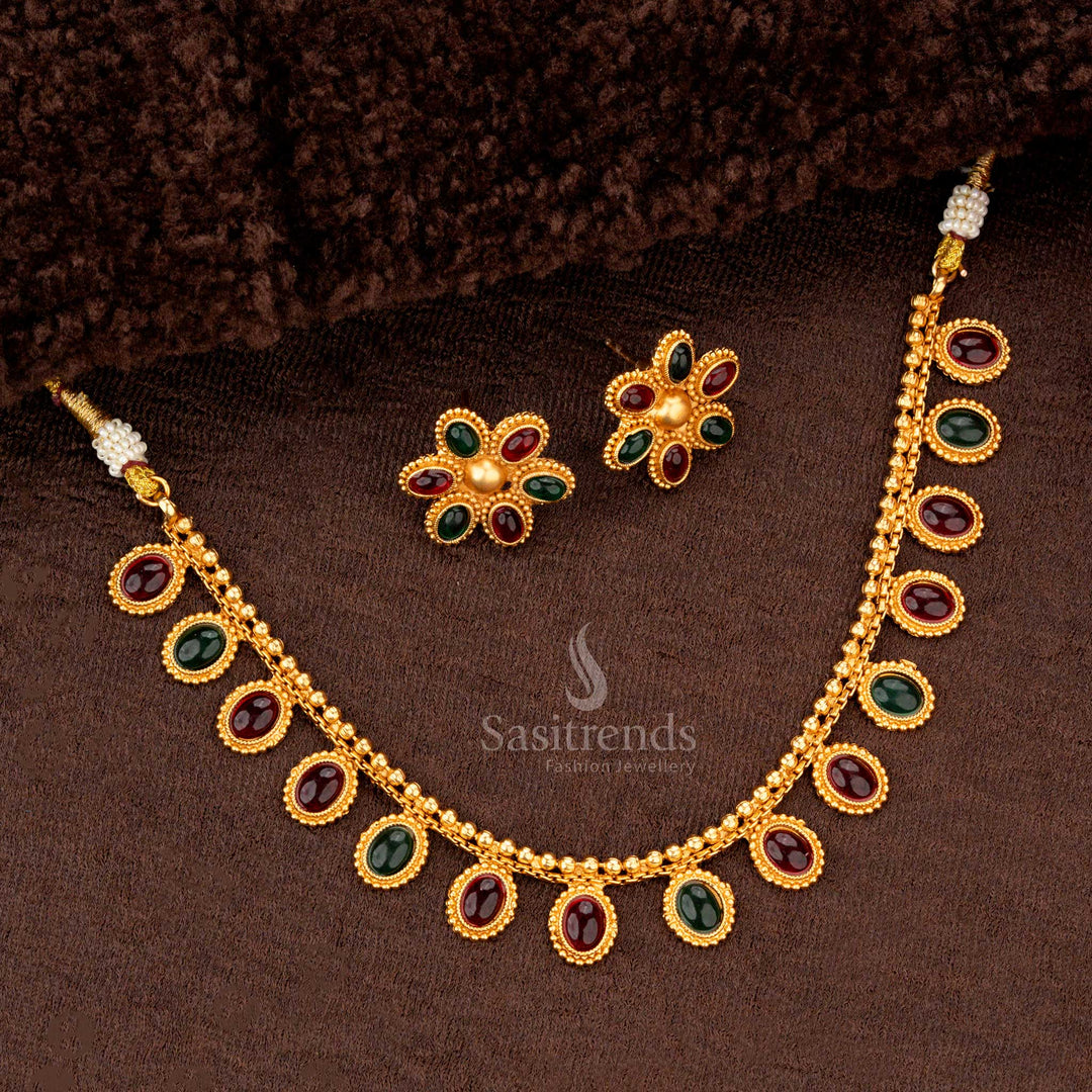 Classic matte gold necklace set in ruby-green combination with floral earrings - Sasitrends