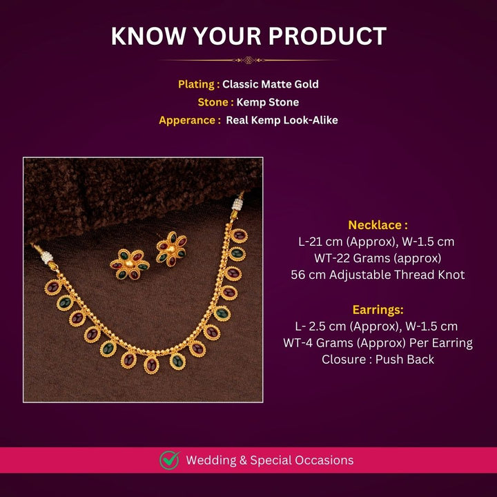 Festive matte gold necklace set in ruby-green with elegant matching earrings - Sasitrends