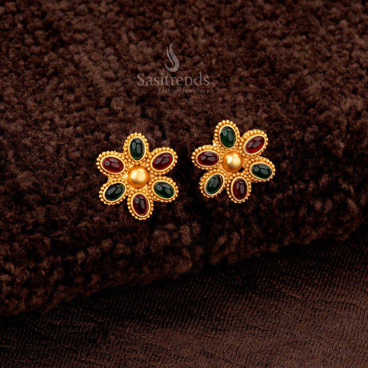 Festive matte gold necklace set in ruby-green with elegant matching earrings - Sasitrends