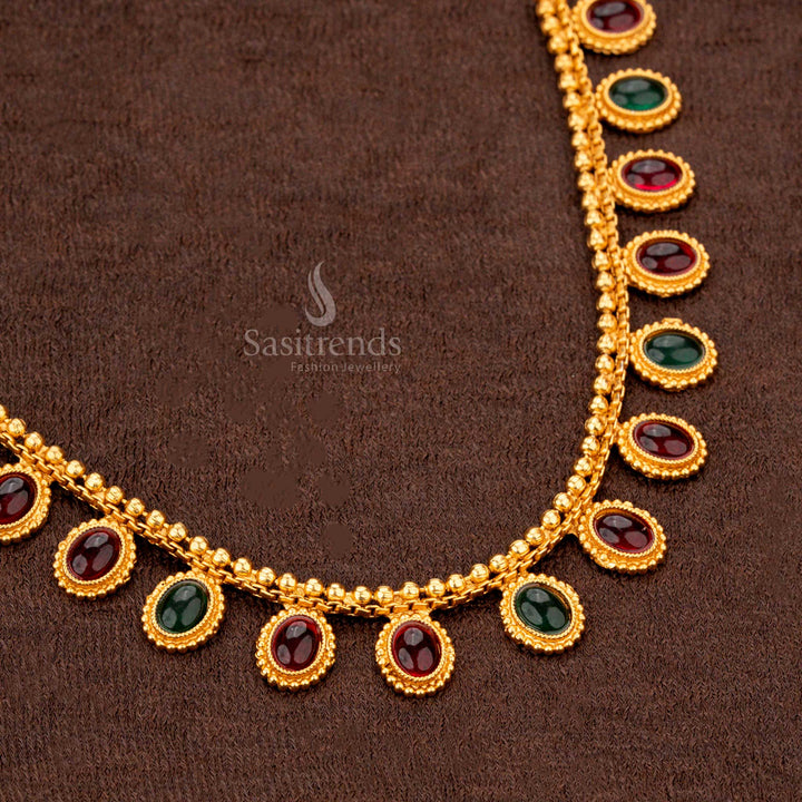 Ruby-green oval motif necklace set  in matte gold plating with matching floral earrings - Sasitrends