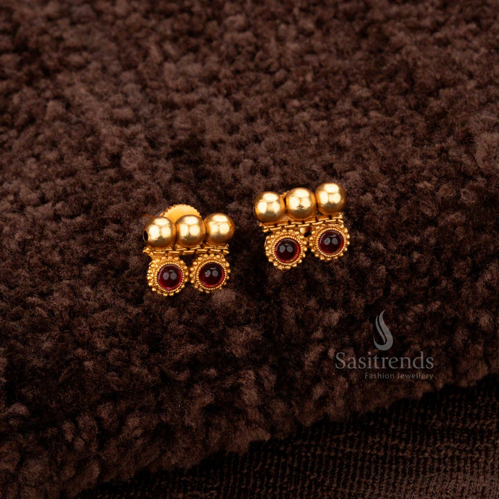 Beaded ruby necklace with matching earrings for temple wear - Sasitrends