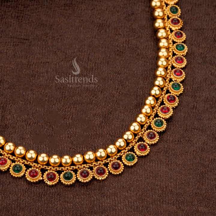 Dual-tone beaded temple jewellery set with ruby and green stones -  Sasitrends