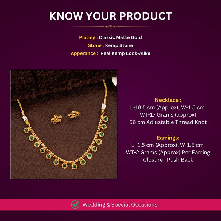 Matte gold-plated necklace with green accents and matching earrings - Sasitrends
