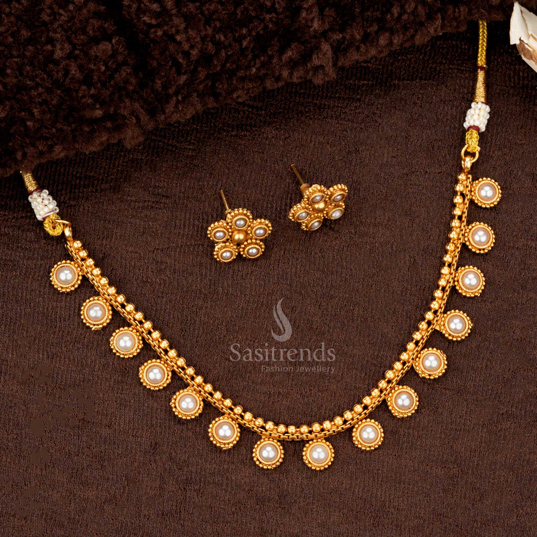 Traditional Pearl toned temple jewellery in matte gold finish - Sasitrends