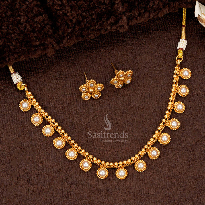 Traditional Pearl toned temple jewellery in matte gold finish - Sasitrends