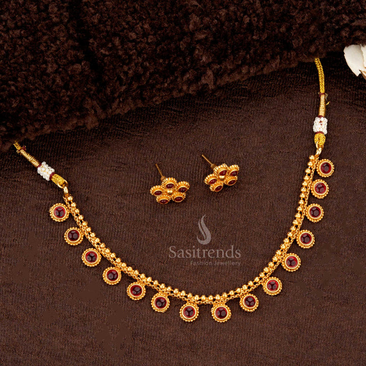 Matte gold-plated temple necklace set with ruby beads and earrings - Sasitrends