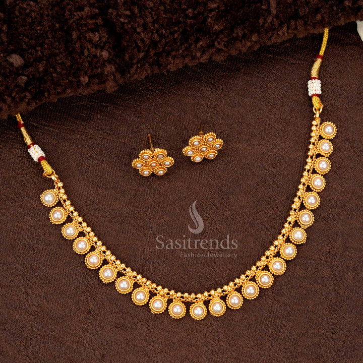 Traditional Classic Temple Matte Gold-Plated Necklace Jewellery Set with Circular Motifs and Beaded Detailing - Sasitrends