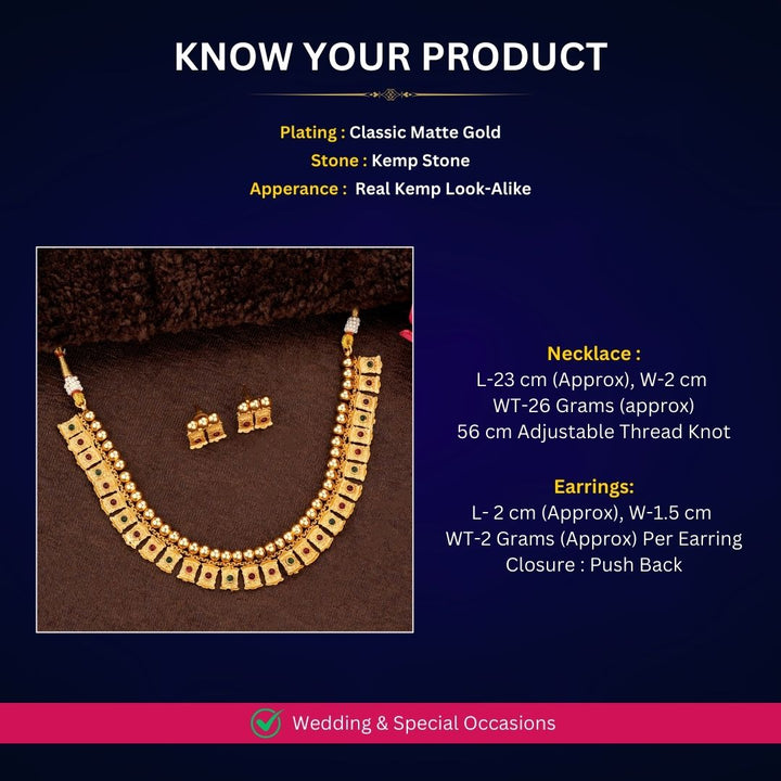 Classic temple necklace with engraved square motifs, gold beads, and pearl accents - Sasitrends