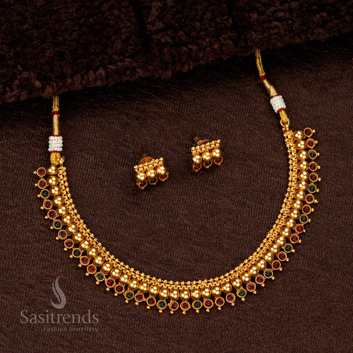 Classic Temple Matte Gold-Plated Necklace Jewellery Set with Layered Beaded Design and Round Stone Motifs - Sasitrends