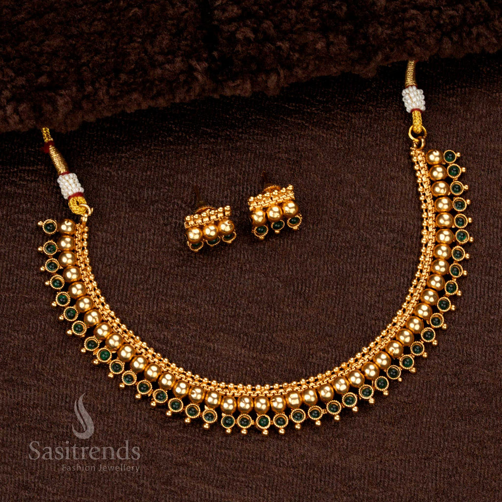 Traditional temple jewellery set with dual-layered beads and ruby-green stone embellishments - Sasitrends