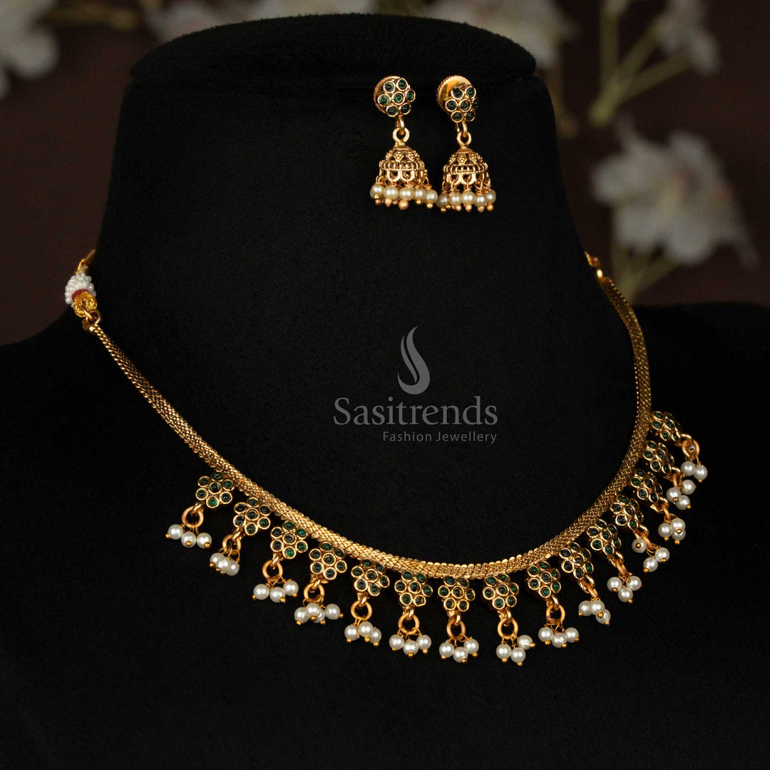 Classic Matte Gold Plated Floral Hanging Necklace Set for Saree Wear – Sasitrends