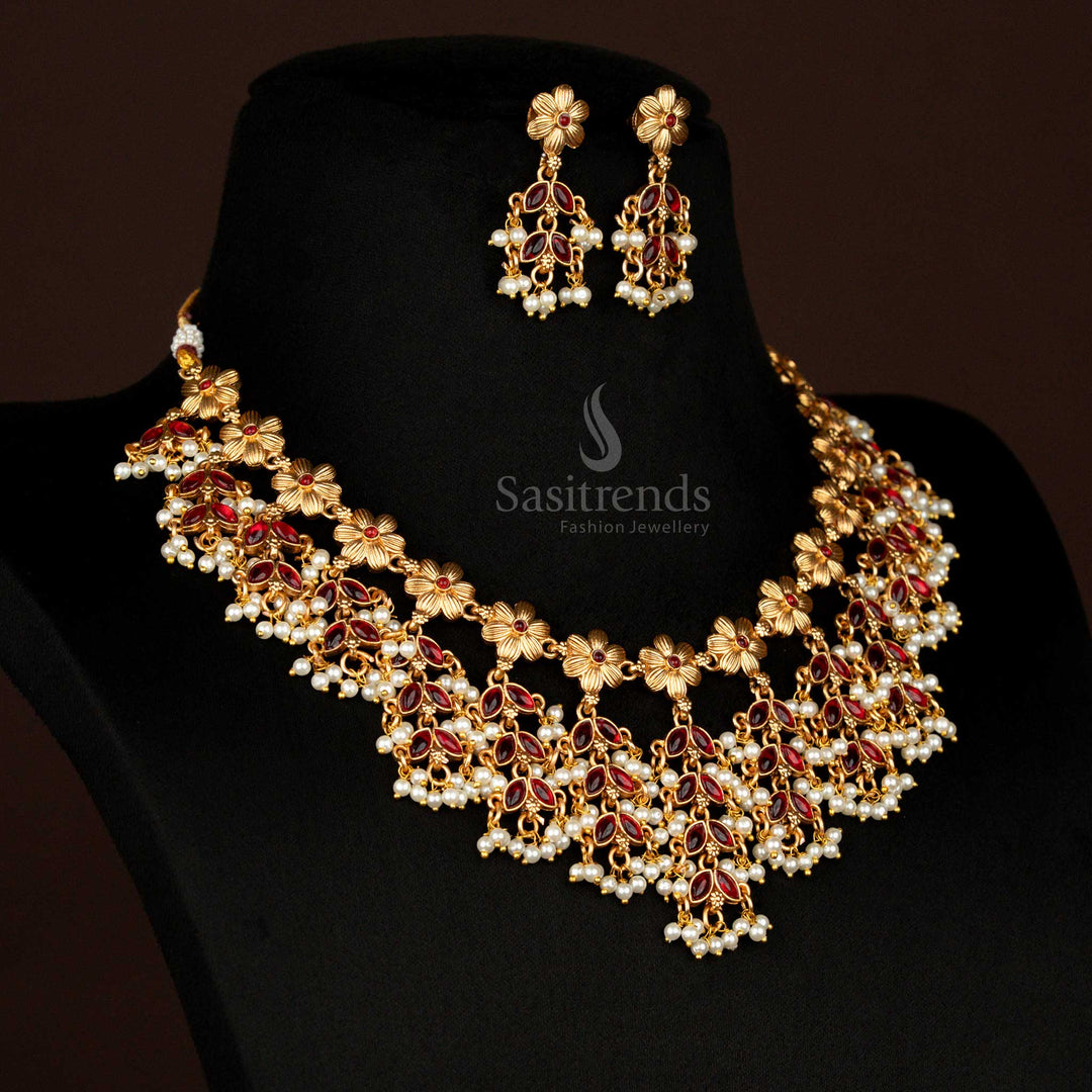 Classic Matte Gold Plated Floral Bridal Necklace Set with Pearls – Sasitrends